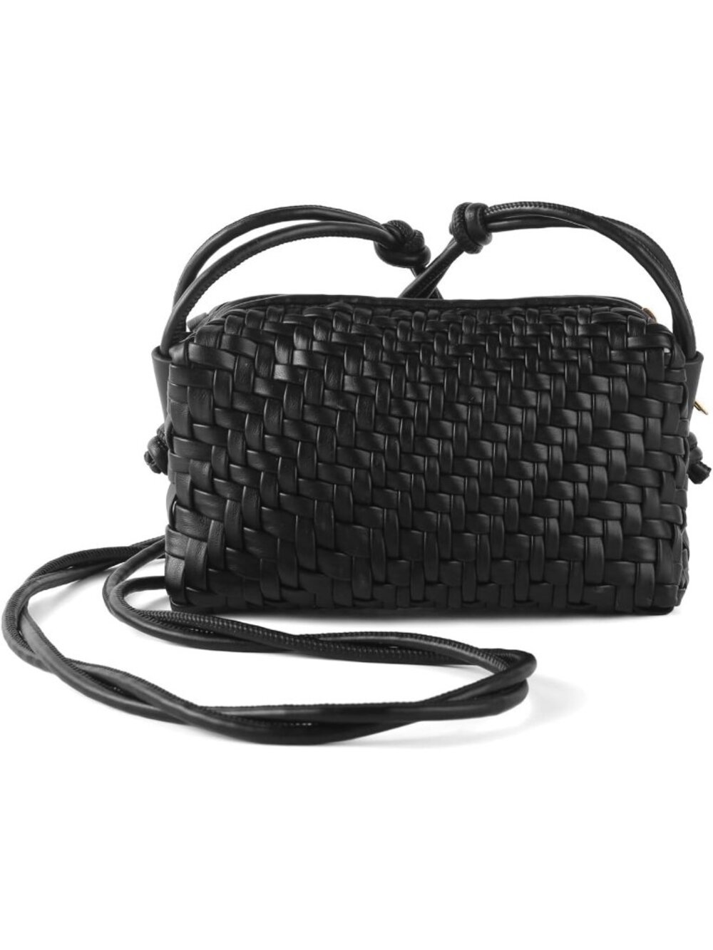 Women's Black Small Woven Vegan Leather Zipper Imported Crossbody Bag